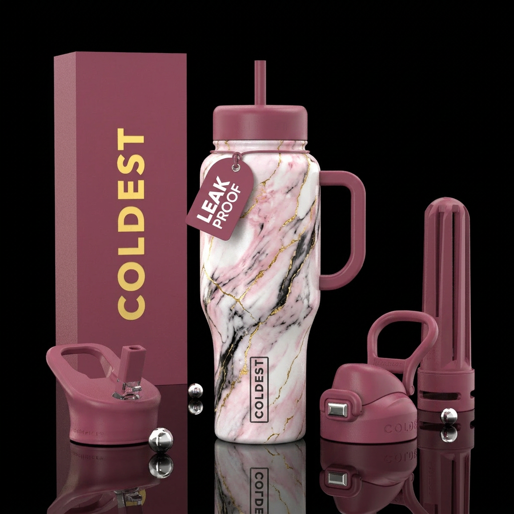 Marble, white, pink, black, cracks of gold, hyper ... water bottle design