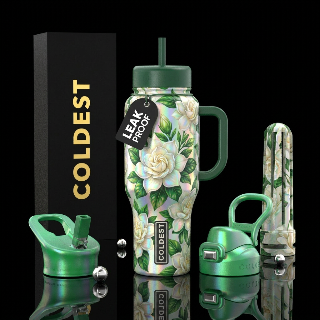 Gardenias, opalescent, hyper realistic water bottle design