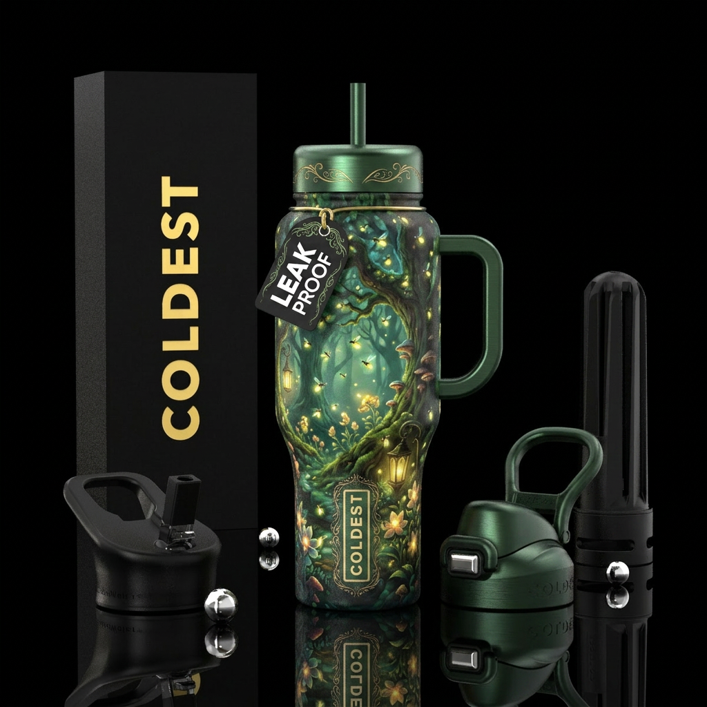 Lightning bugs, fantasy, forest, glowie water bottle design