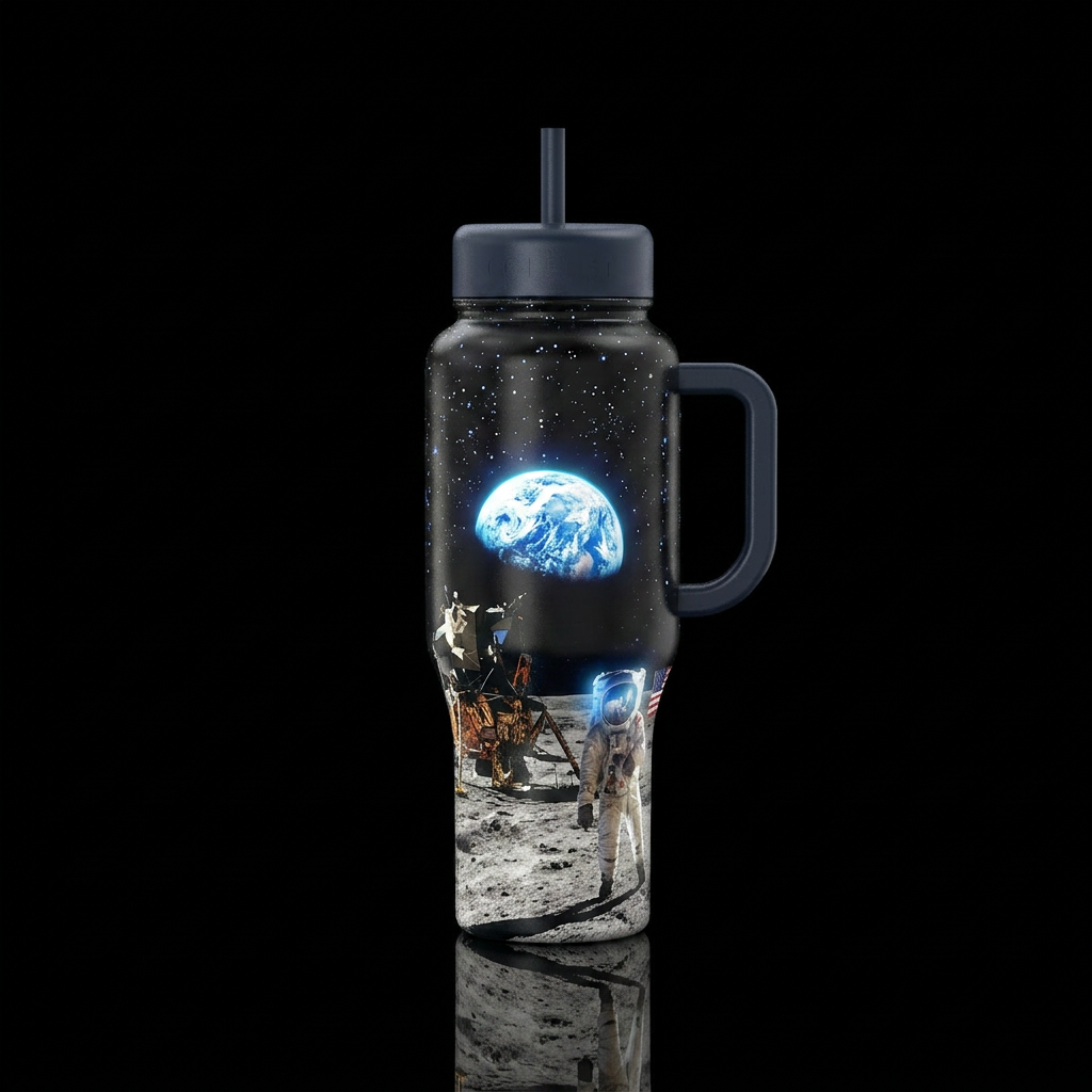 Apollo 11, moon landing, stars, hyper realistic, e... water bottle design