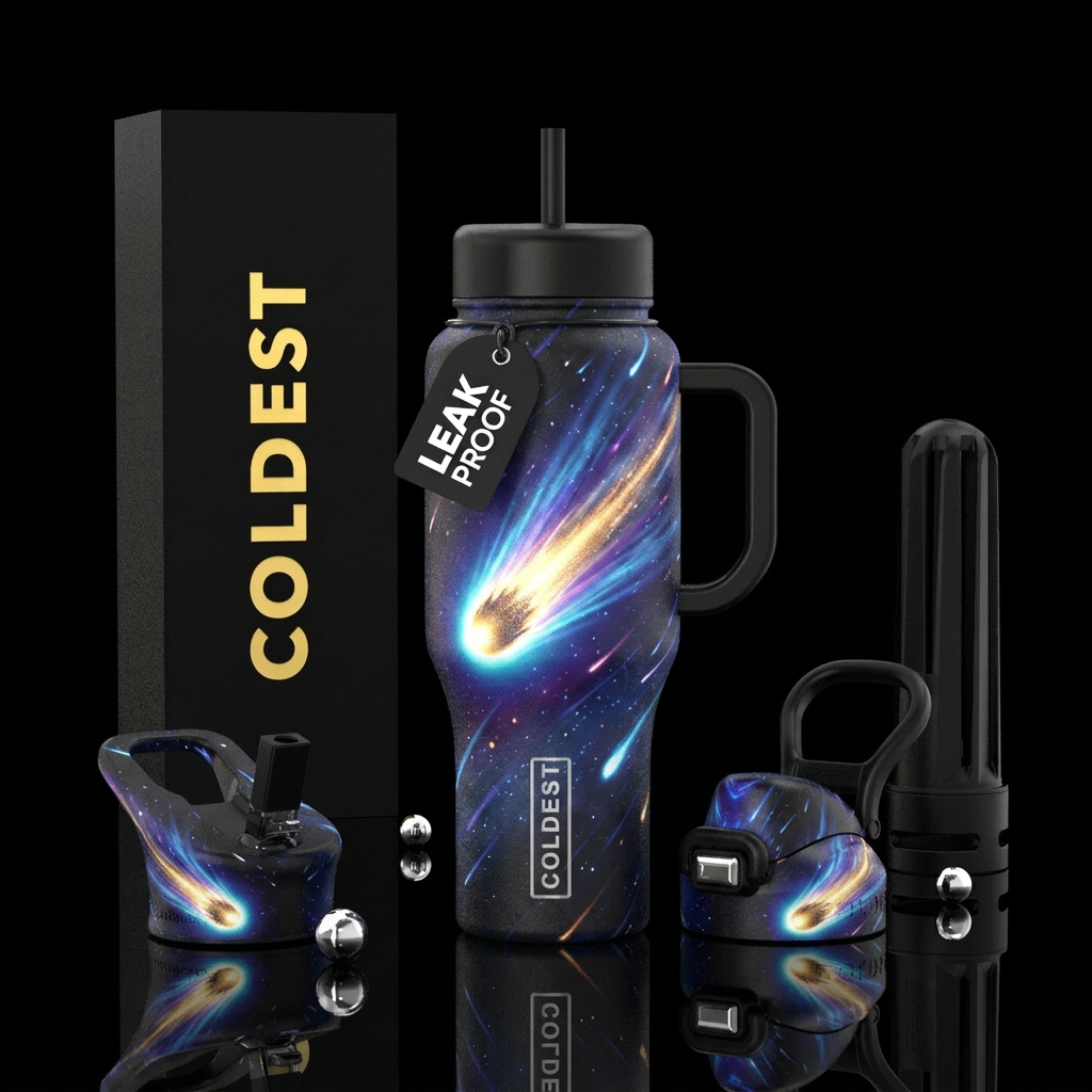 Haley’s comet, glowie, hyper realistic water bottle design