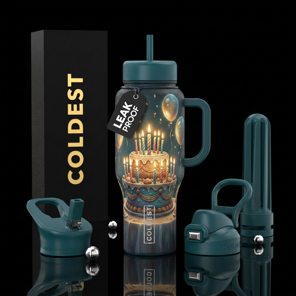 3 Tiered Birthday cake on table with glowie candle... water bottle design