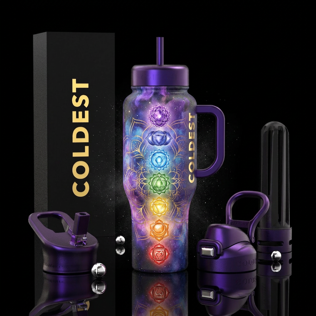 Vertical Chakra crystals, ethereal, mandala water bottle design