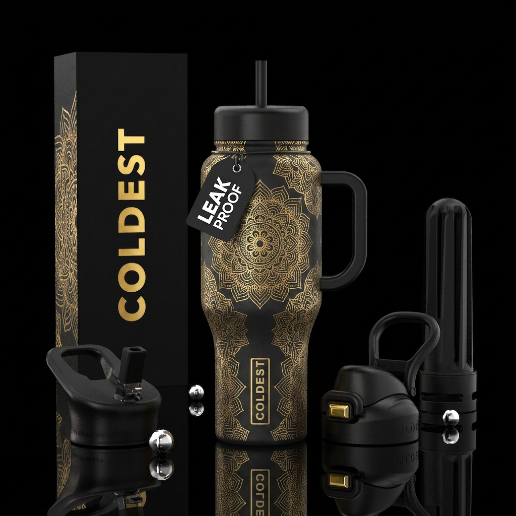 metallic gold mandalas water bottle design