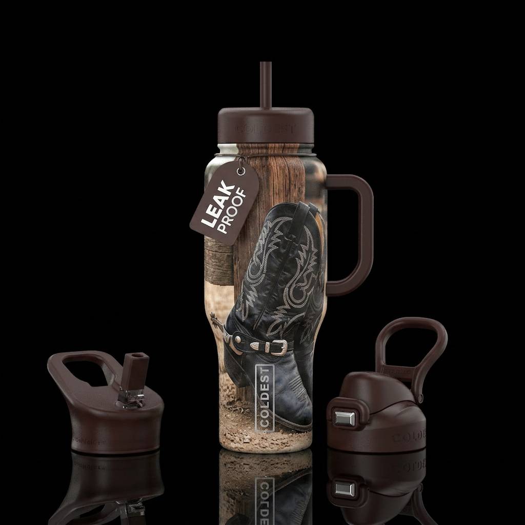 Black cowboy boots with white stitching and silver... water bottle design