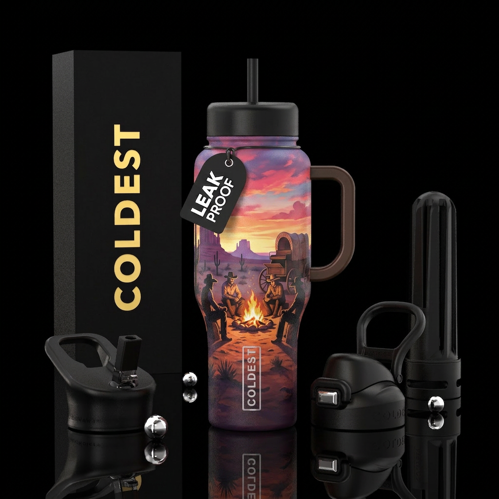 Campfire in desert, shadows of cowboys gathered ar... water bottle design