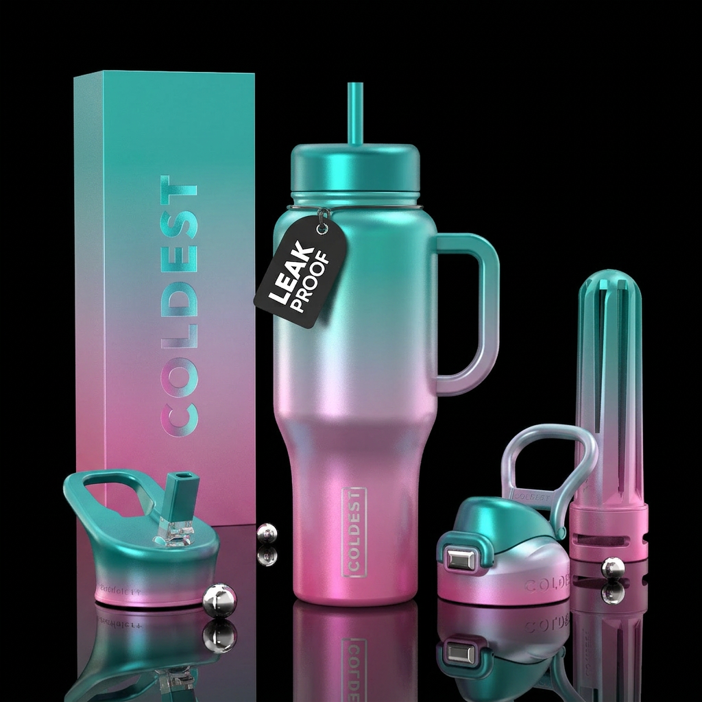 Ombré, teal to pink, opalescent water bottle design