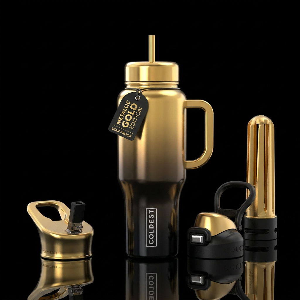 Ombré, black to gold, metallic water bottle design