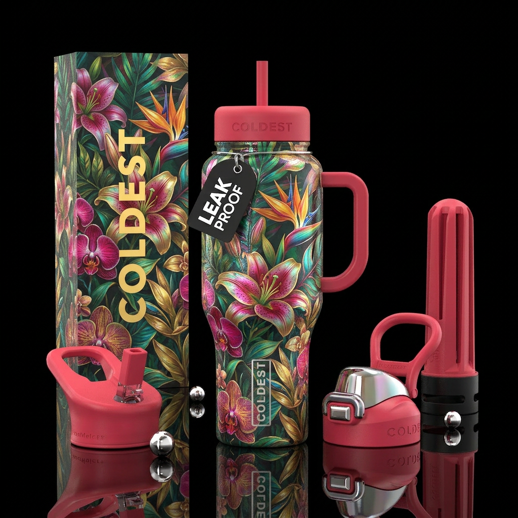 Tropical flowers, secret garden, romantic water bottle design