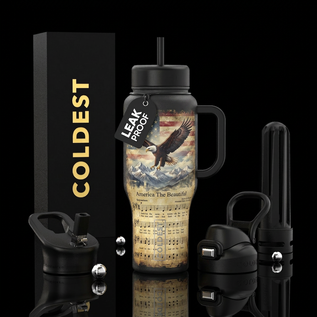 in foreground overlayed by the music of America Th... water bottle design