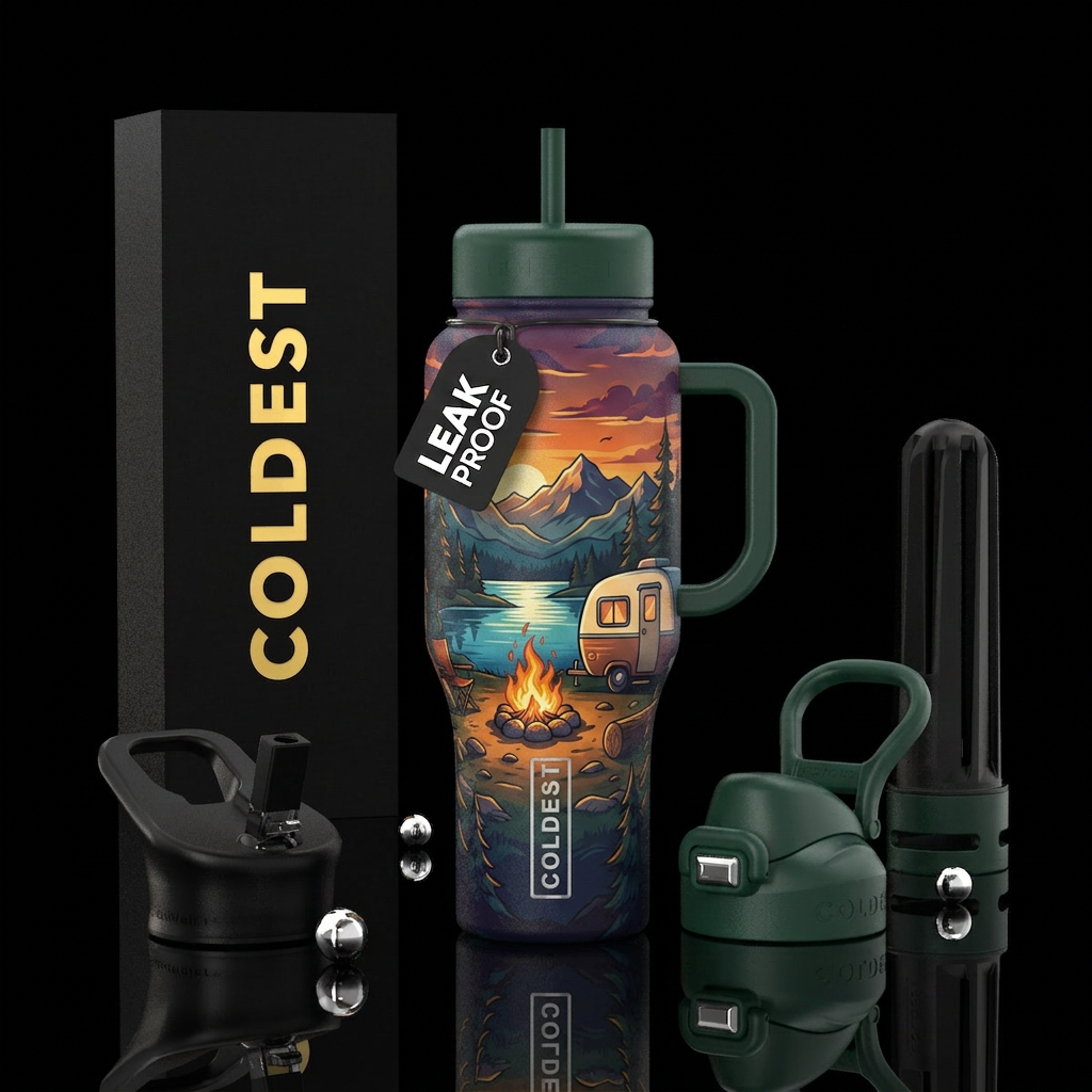 Cartoon, camper, campfire, lake, mountain, sunset water bottle design