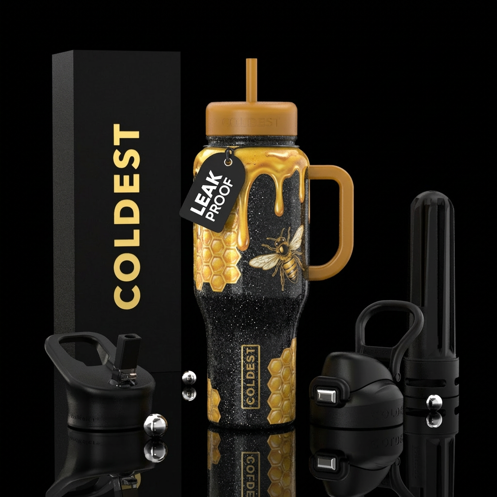 Black glitter bottle, honey comb with dripping hon... water bottle design