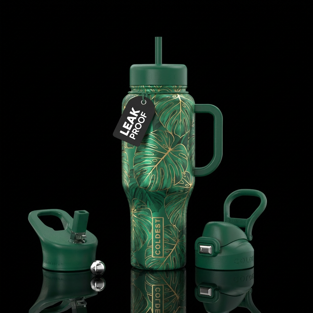 Emerald green and gold bottle with monstera leaves water bottle design