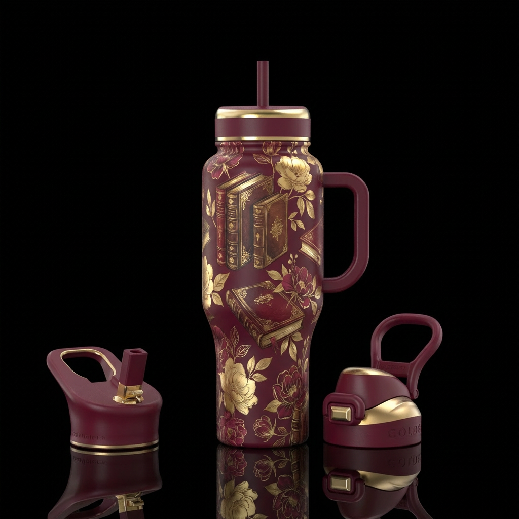 Wine red, with gold, books, flowers water bottle design