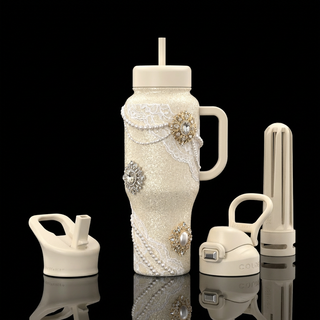 Glittery Cream, with lace, pearls, brooch’s water bottle design