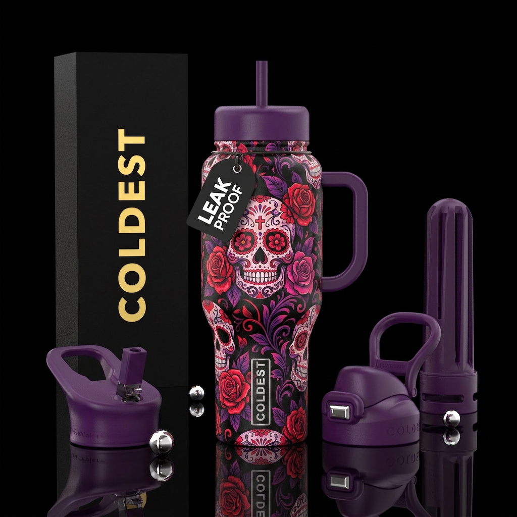 Sugar skulls with roses with black, red, pink, and... water bottle design