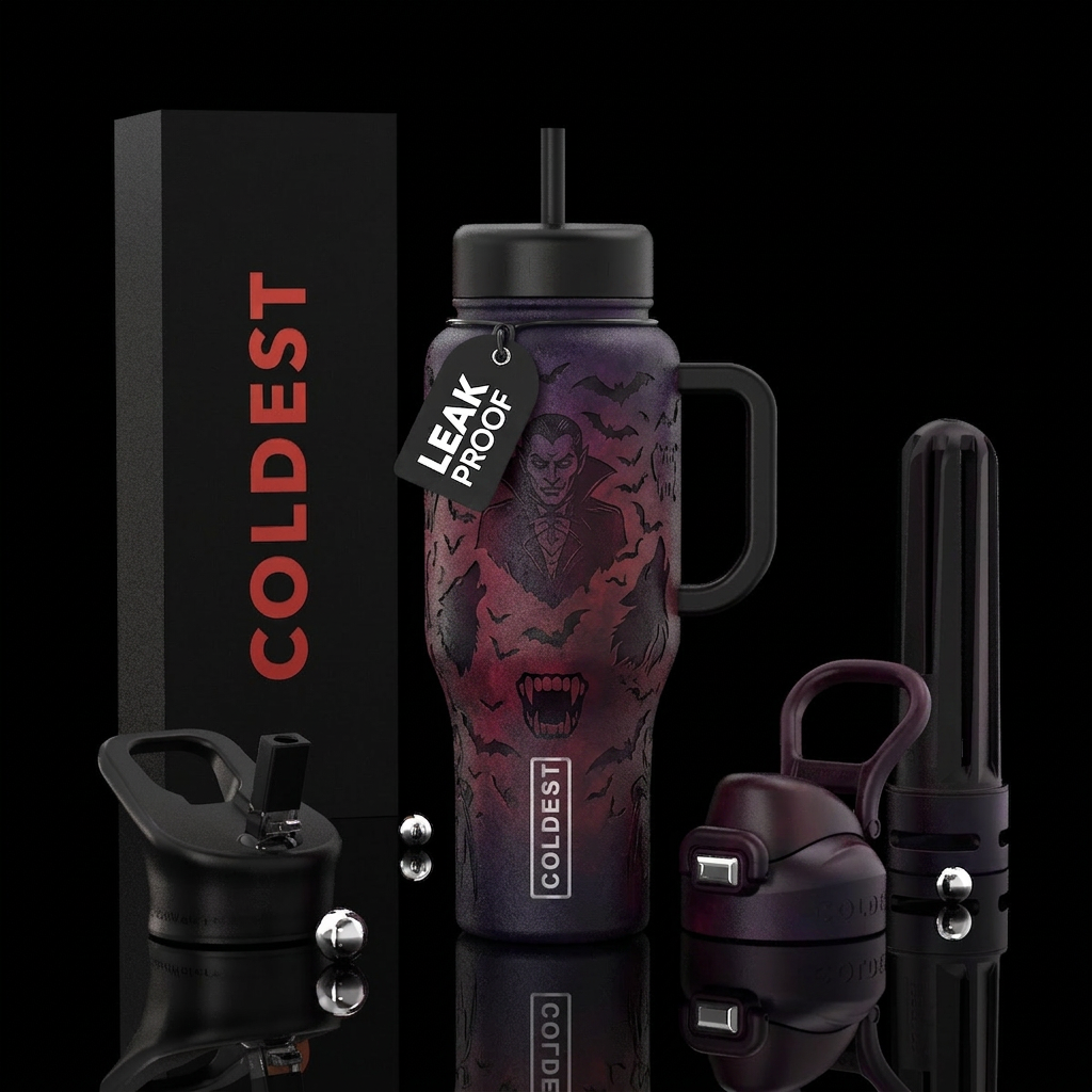 A purple, red, and black bottle with dracula, bats... water bottle design