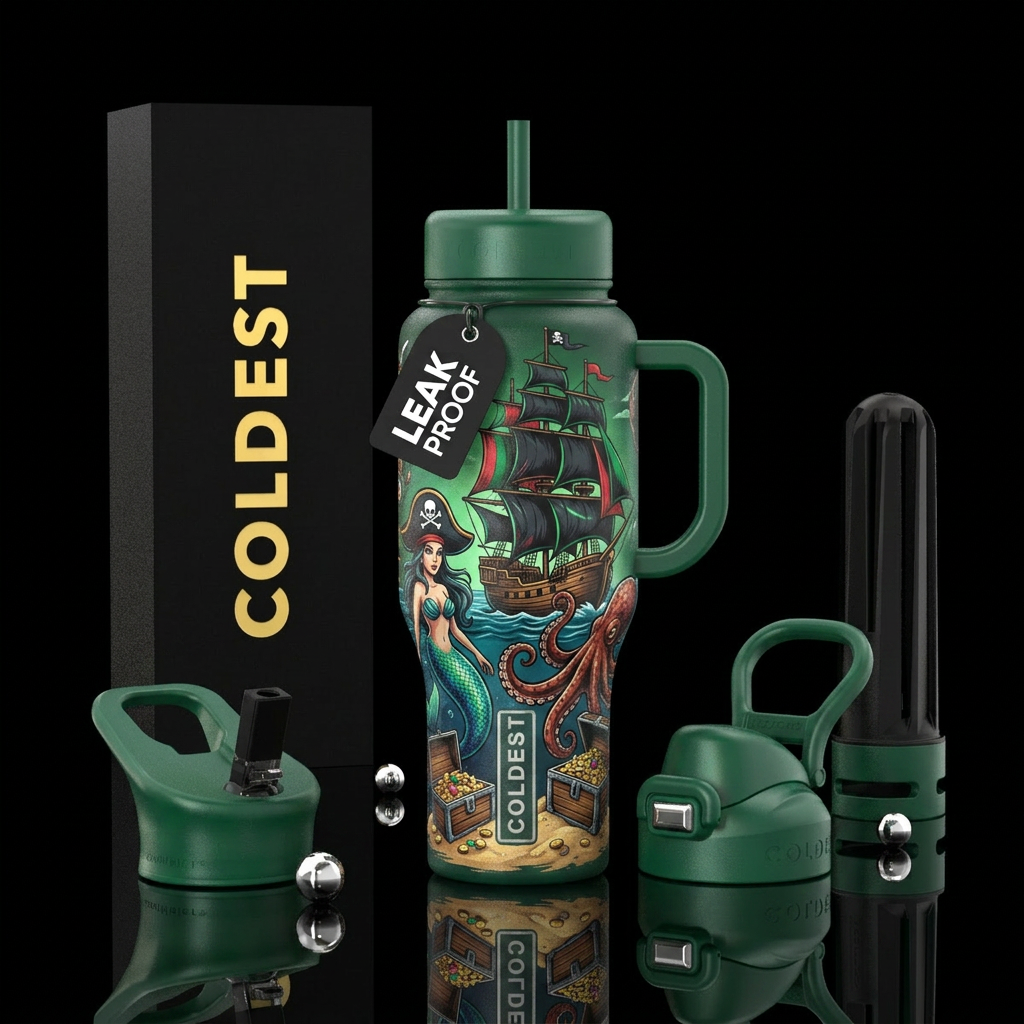 A green, black, red, and blue bottle with a pirate... water bottle design