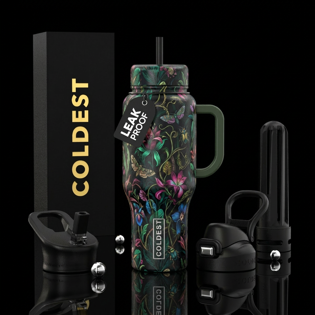 Dark, moody, botanical art, flowers, and nature water bottle design