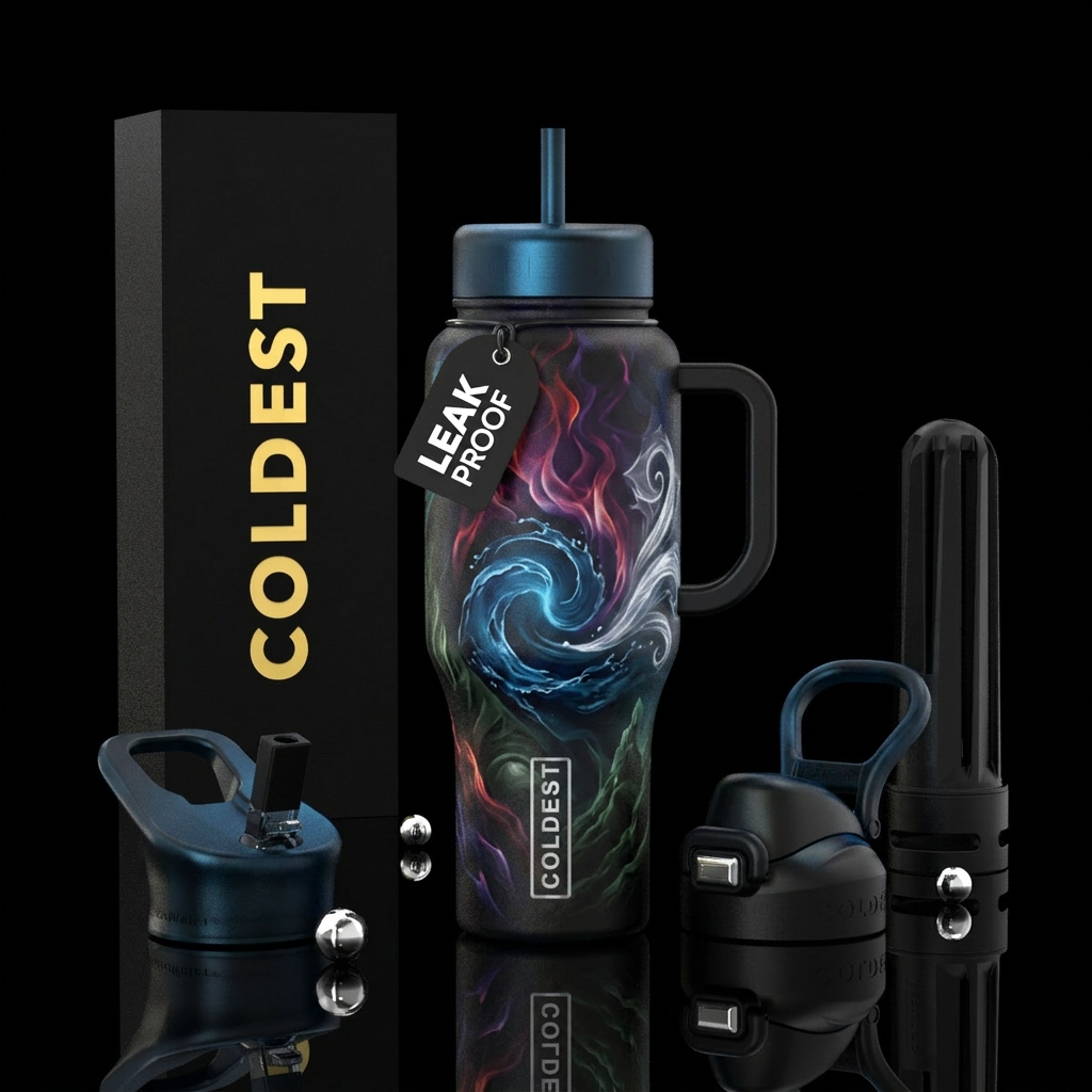 4 elements, moody, dark, ethereal water bottle design