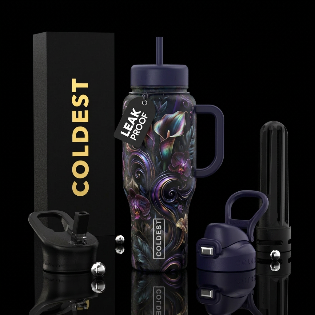 nature, floral, swirls, fantasy, dark water bottle design