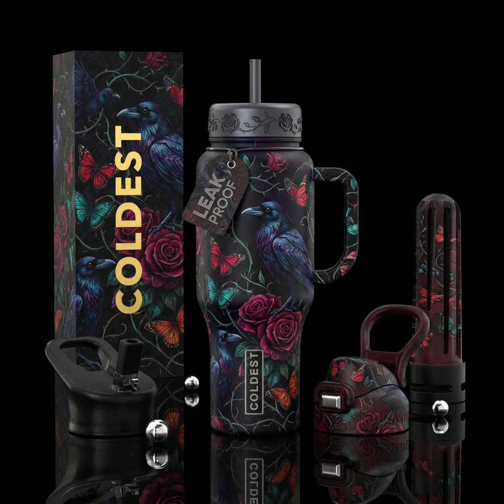 ravens, butterflies, roses, vines, dark, moody water bottle design