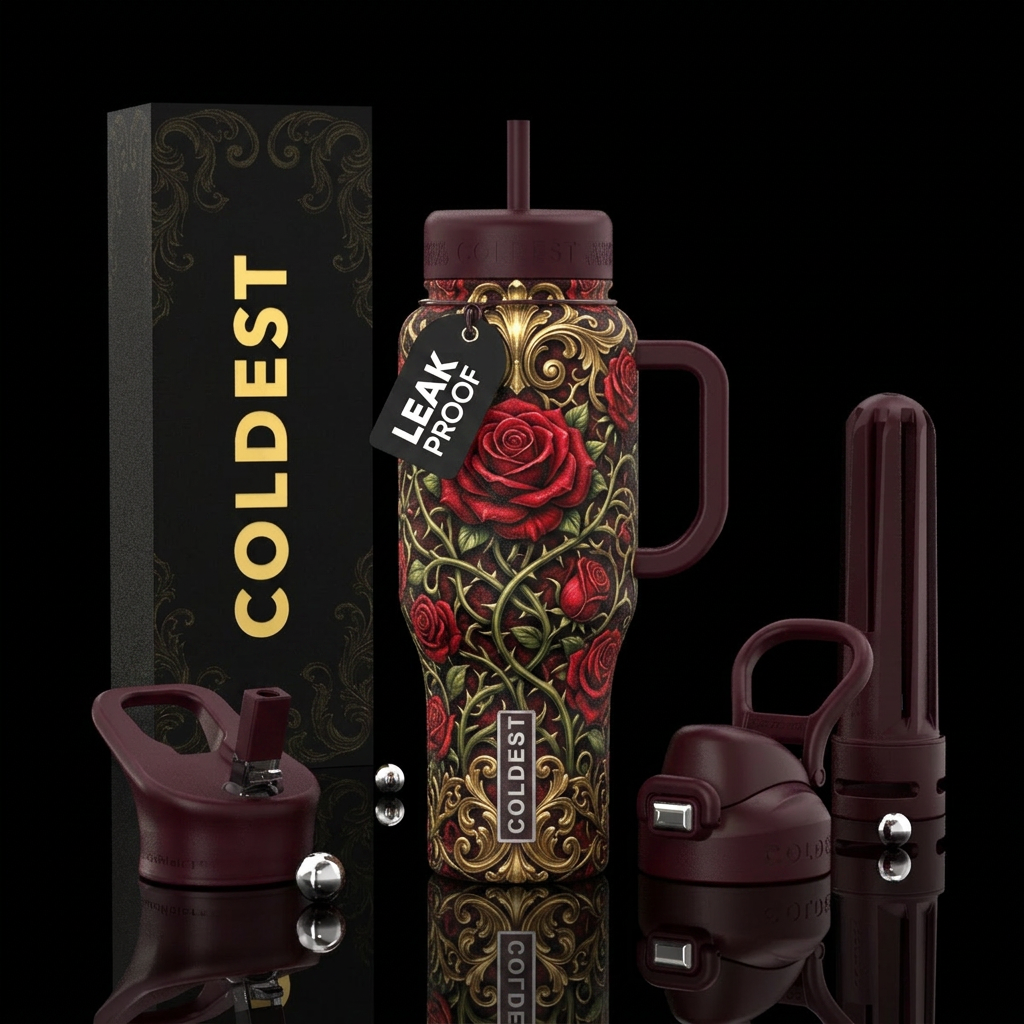 roses, twisted thorns and vines, antique gold fili... water bottle design