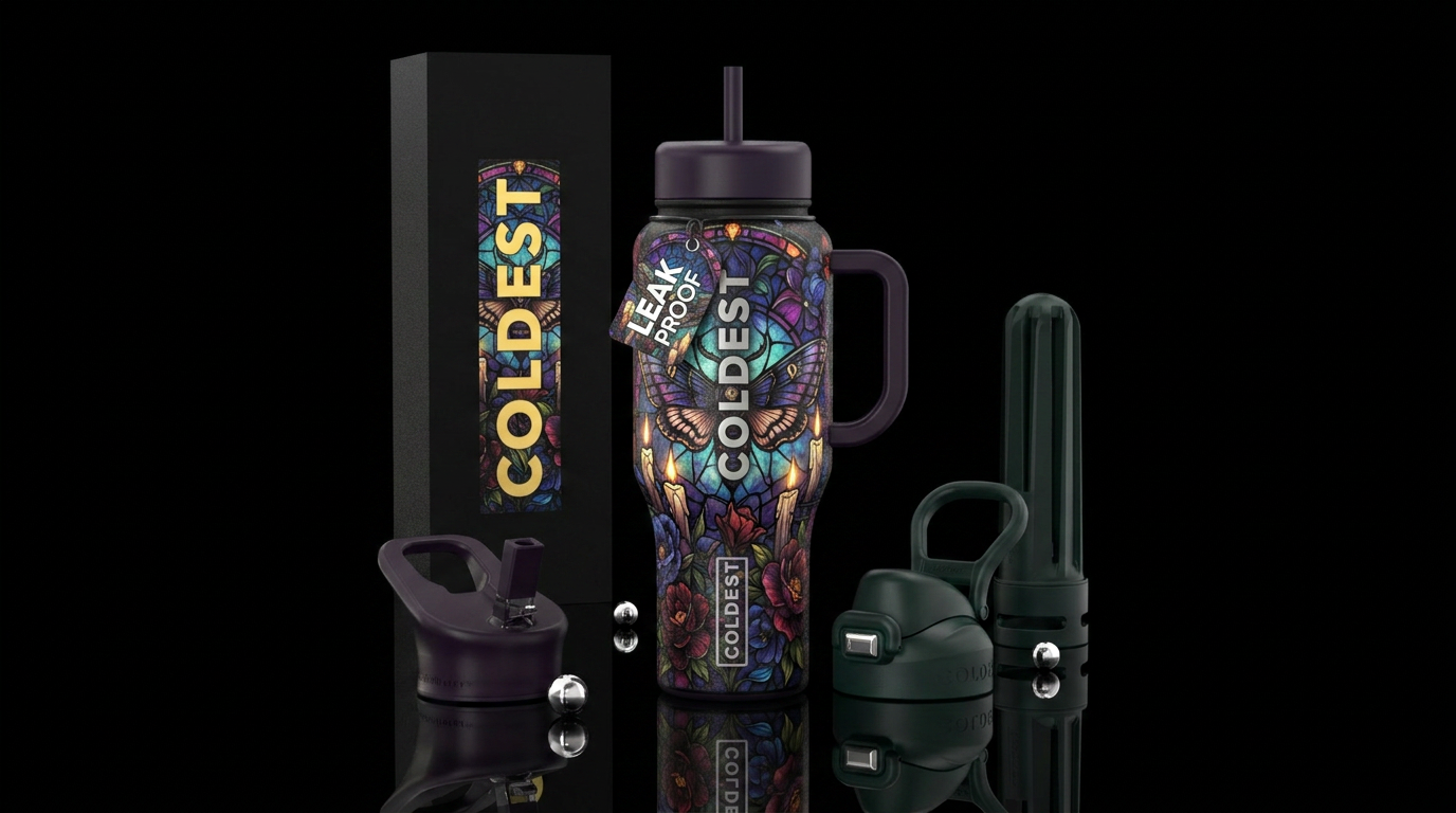 gothic aesthetic, stained glass accent, moth, cand... water bottle design