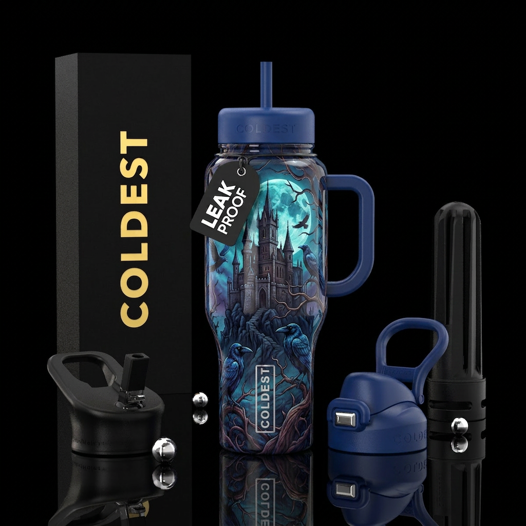 gothic castle, ravens, twisted branches and vines,... water bottle design