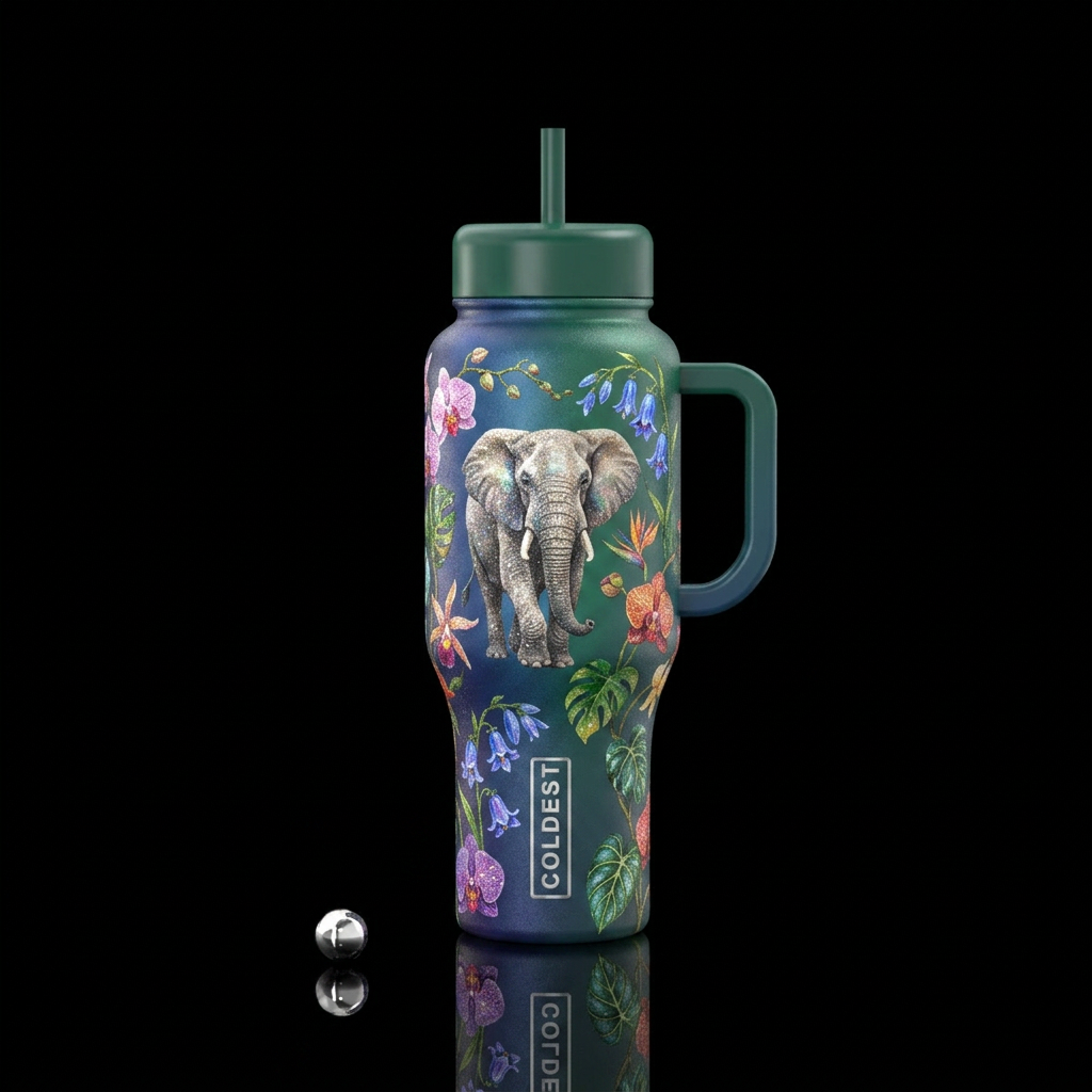 elephant, gradient, flowers and vines, sparkly water bottle design