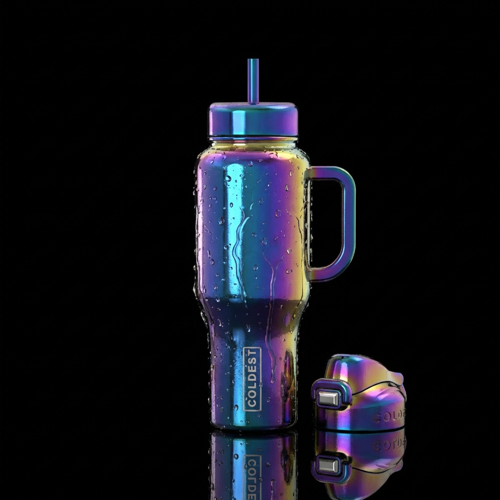 Oil slick colors with water perspiration on the bo... water bottle design