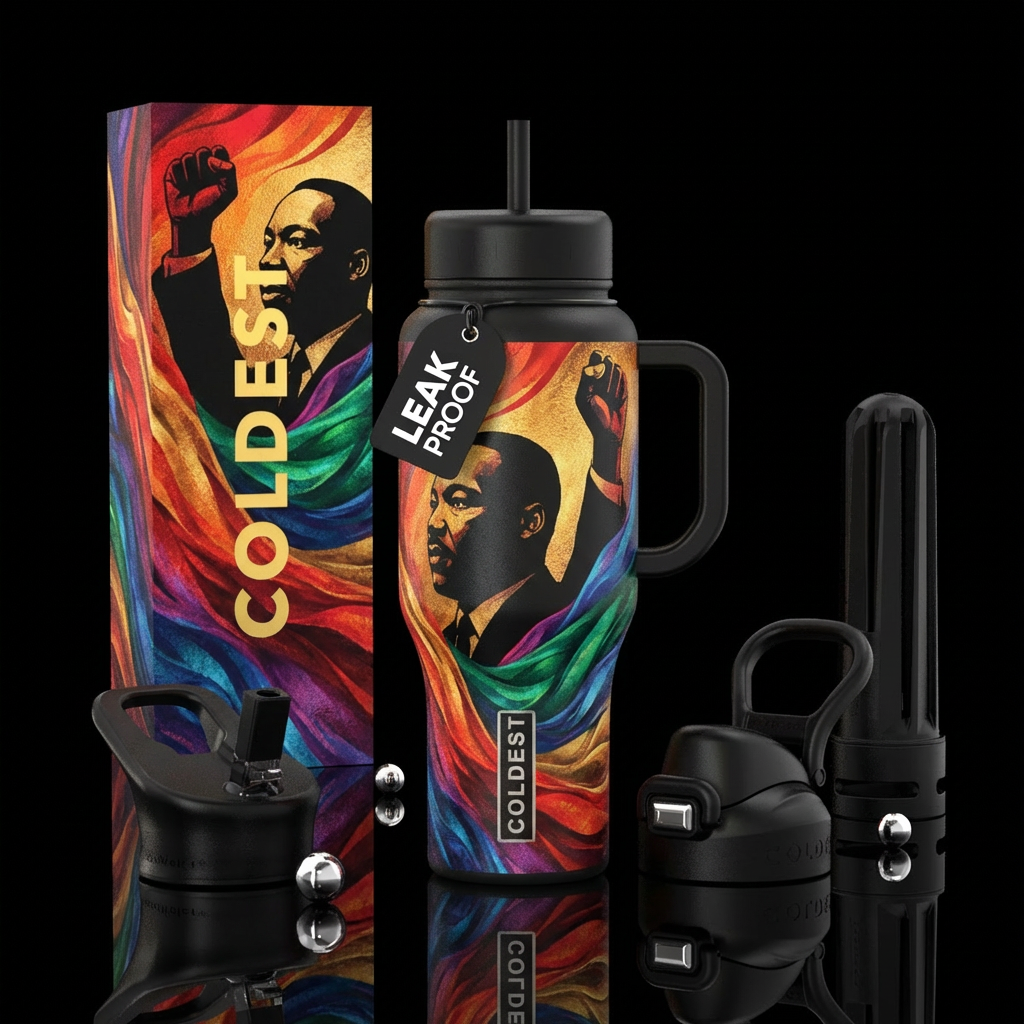 Silhouette of Martin Luther king and a fist rising... water bottle design