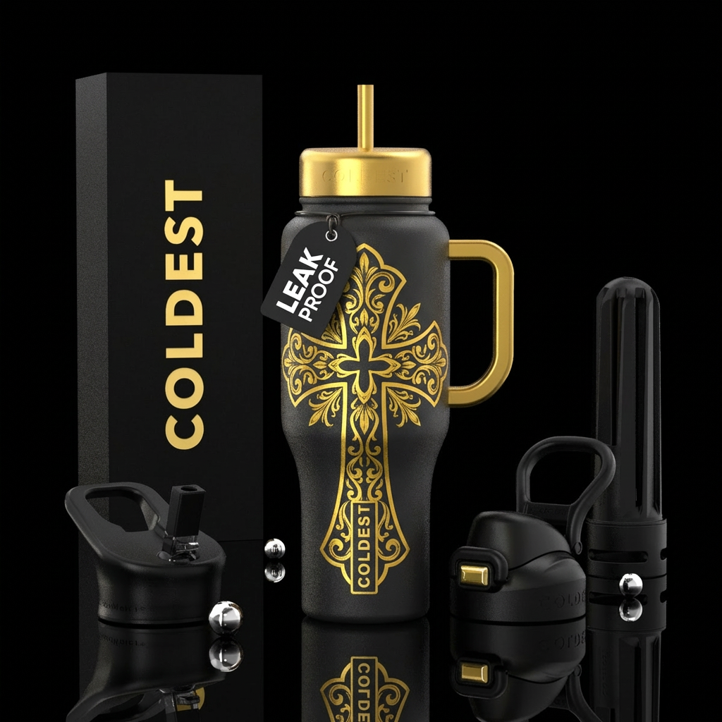 a large ornate cross with filigree water bottle design
