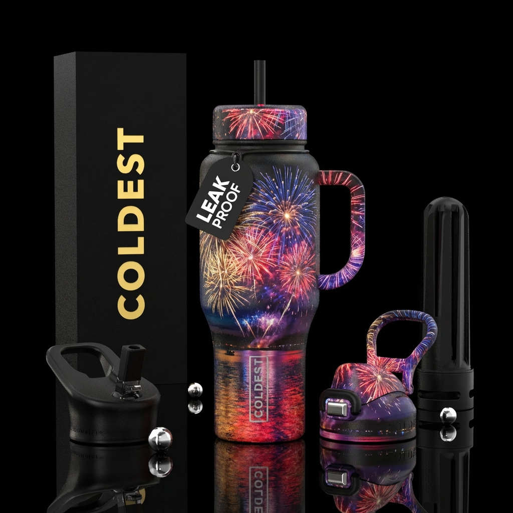 Fireworks over a lake with reflection at night water bottle design