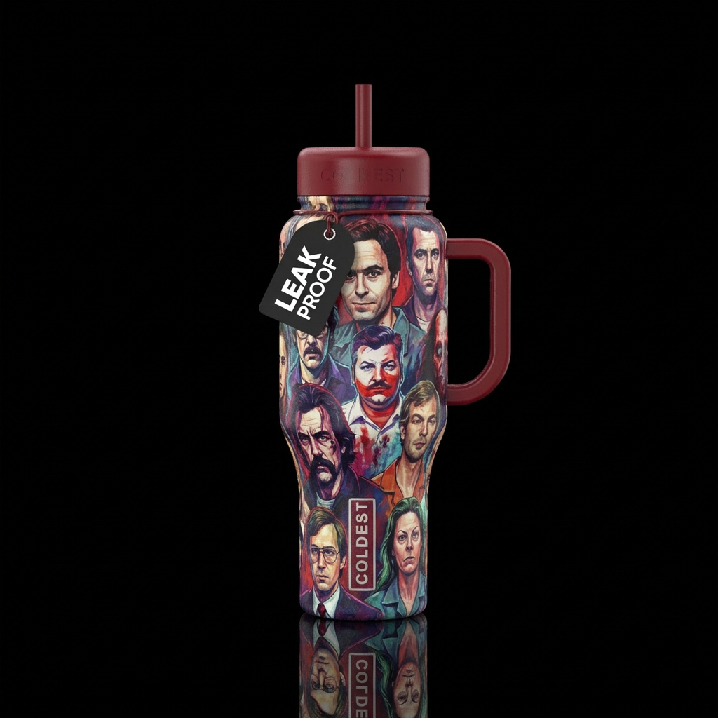 Serial killers faces water bottle design