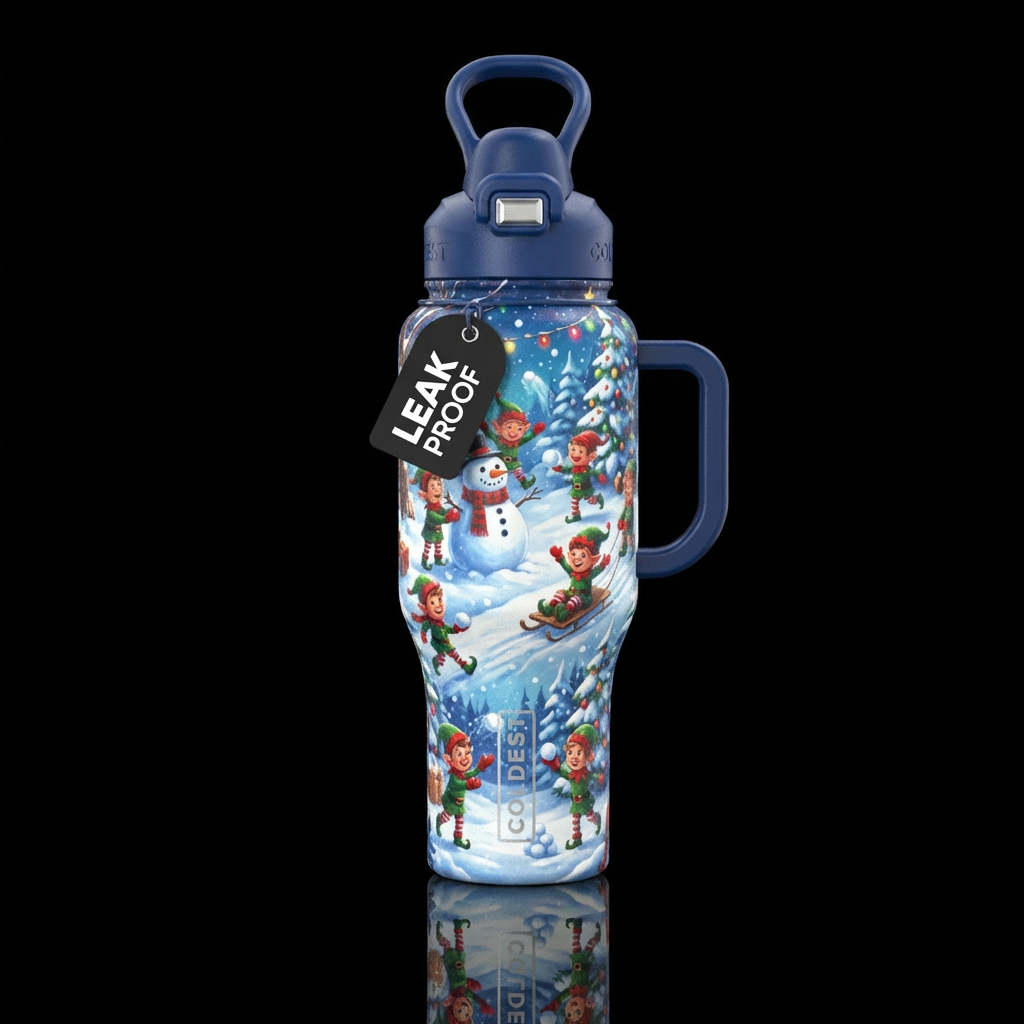 Elf’s playing in the snow water bottle design