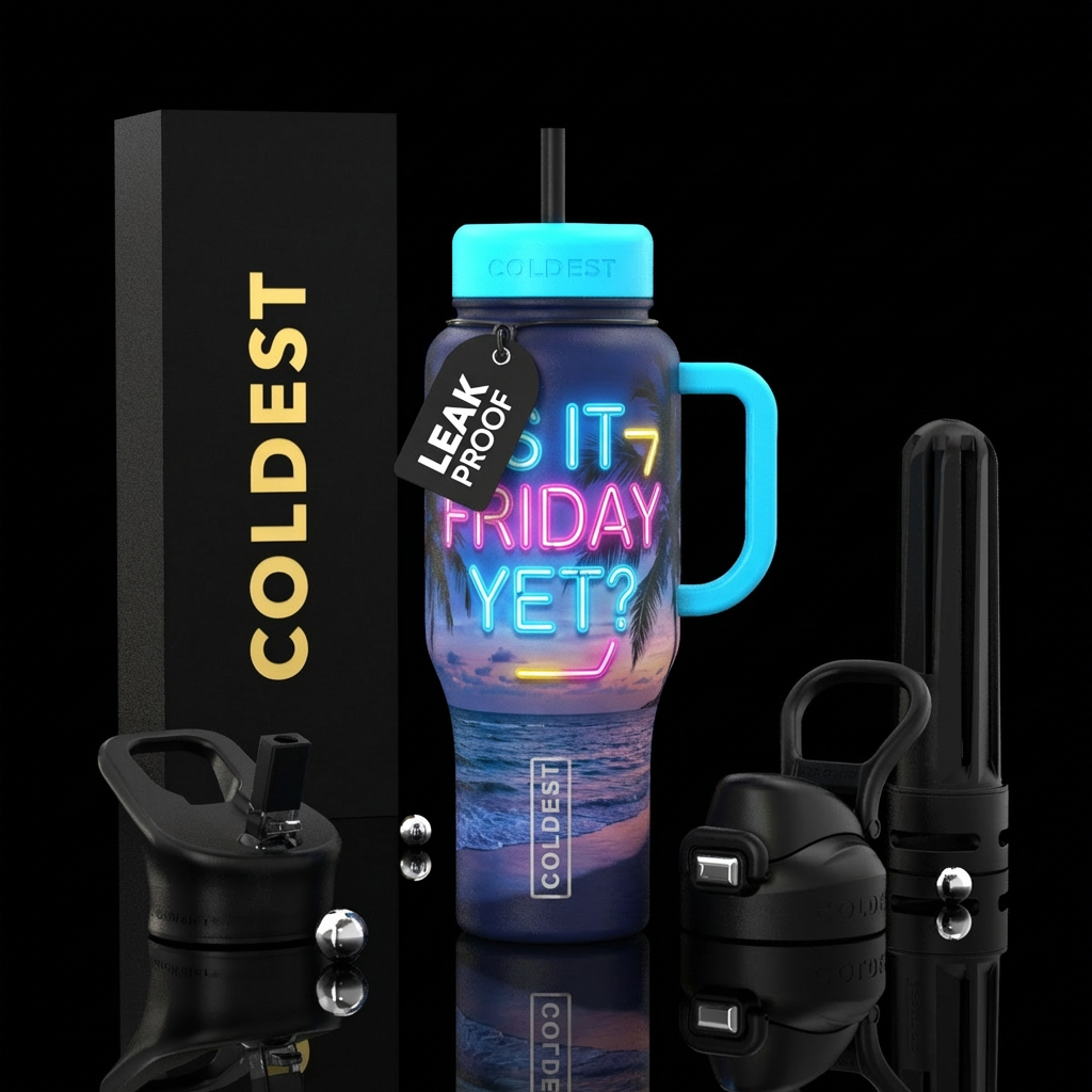 Neon lights saying is it Friday yet? With a beach ... water bottle design