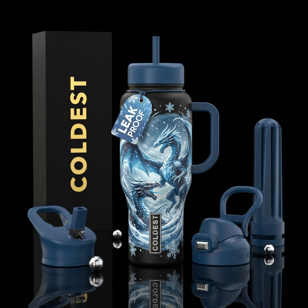Dragons in a snow storm water bottle design