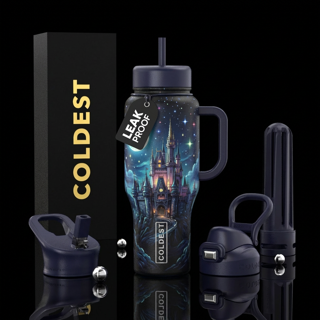 Gothic Castle at night with stars water bottle design