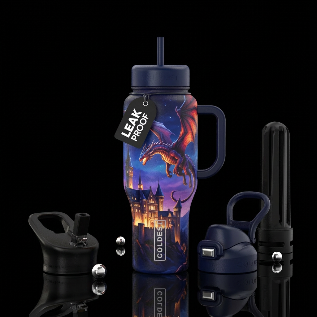 Erie Castle at night with big dragon flying overhe... water bottle design