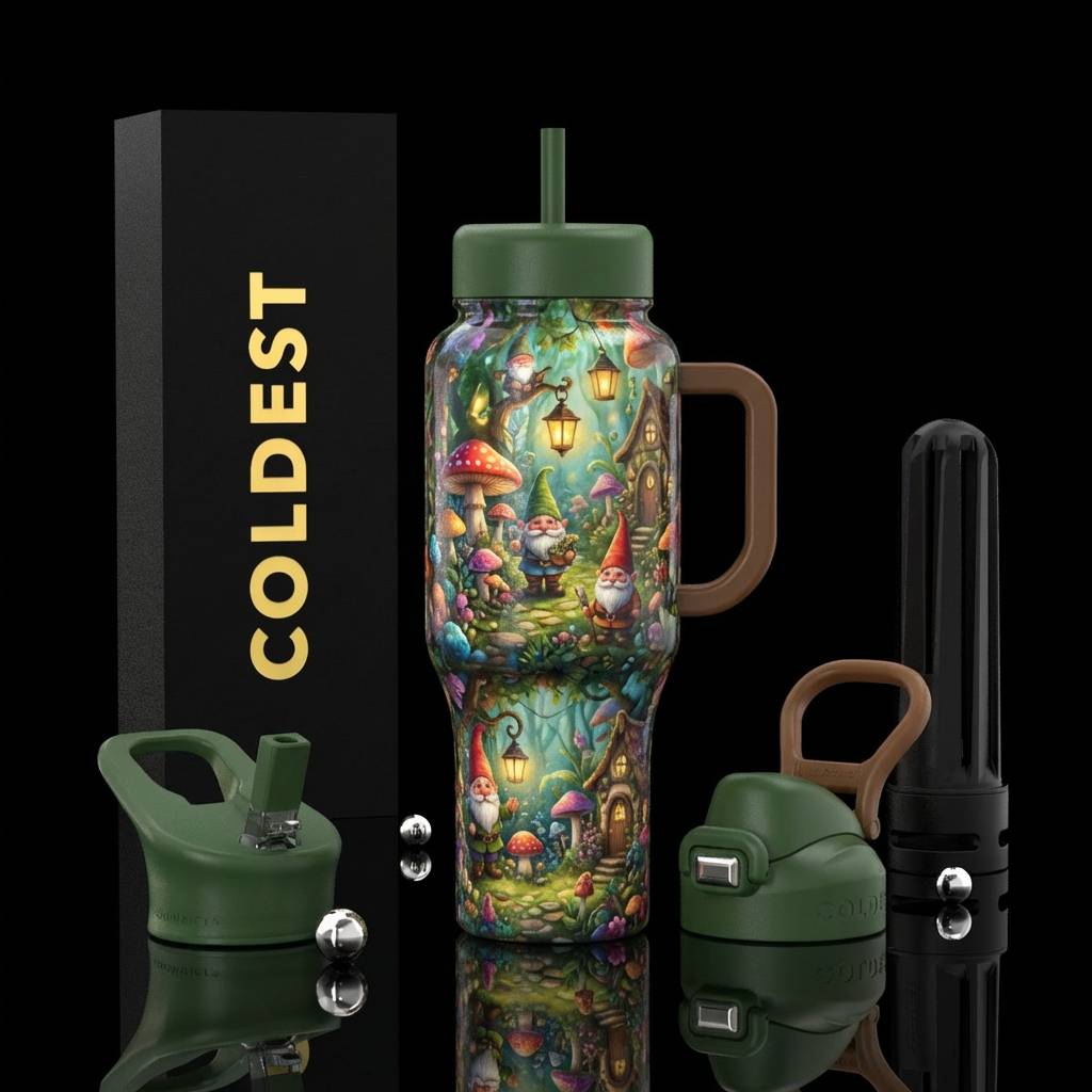 Gnomes in a fairy garden water bottle design
