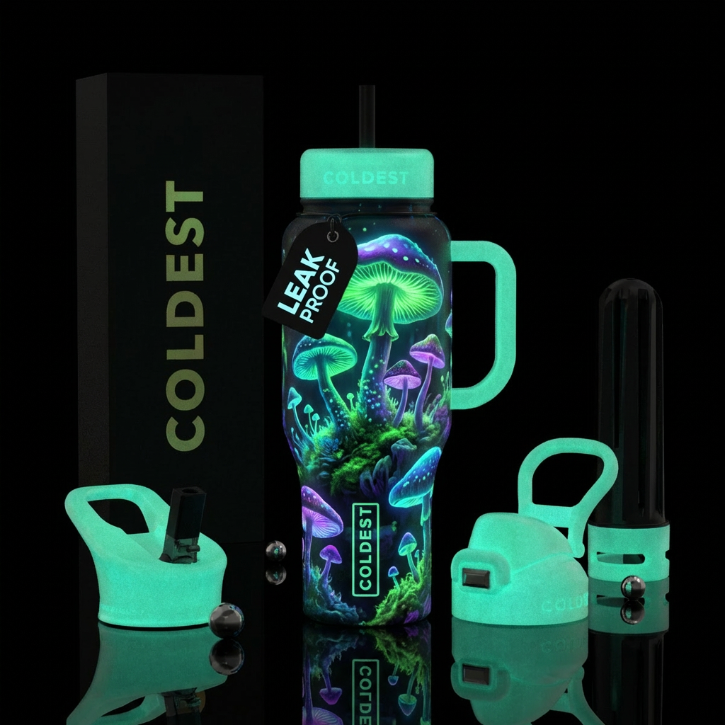 Glow in the dark mushrooms water bottle design