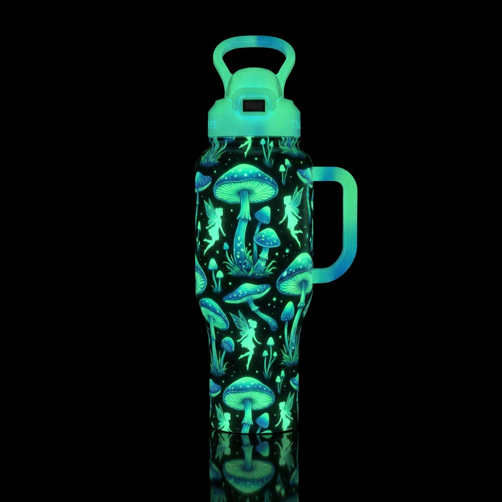 Glow in the dark mushrooms and fairies water bottle design