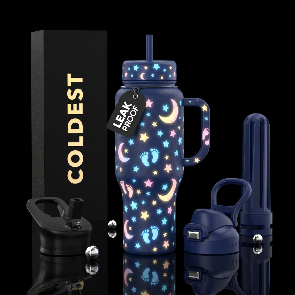 glowie stars and moons with baby feet water bottle design