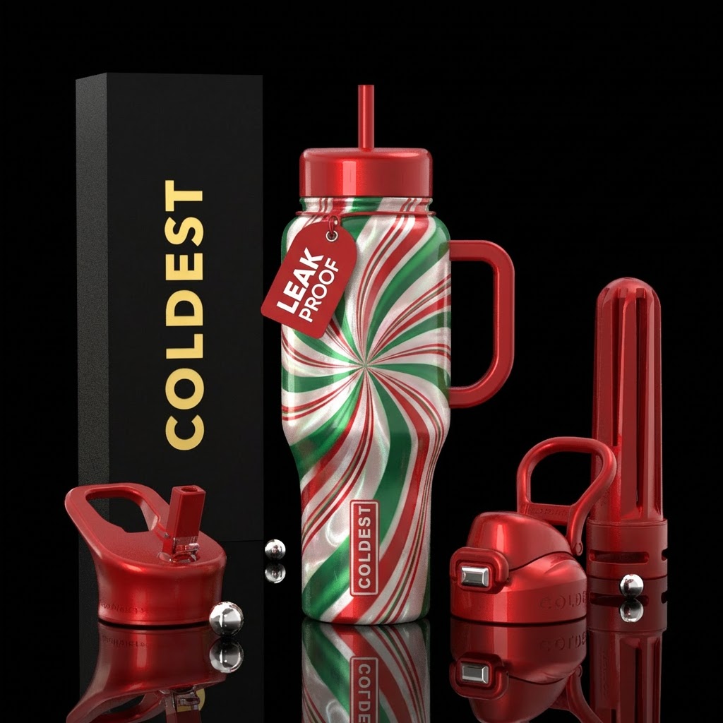 entire cup is red green and pearly white candy can... water bottle design