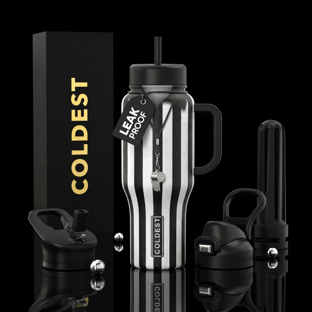 entire cup is a referee jersey with whistle textur... water bottle design
