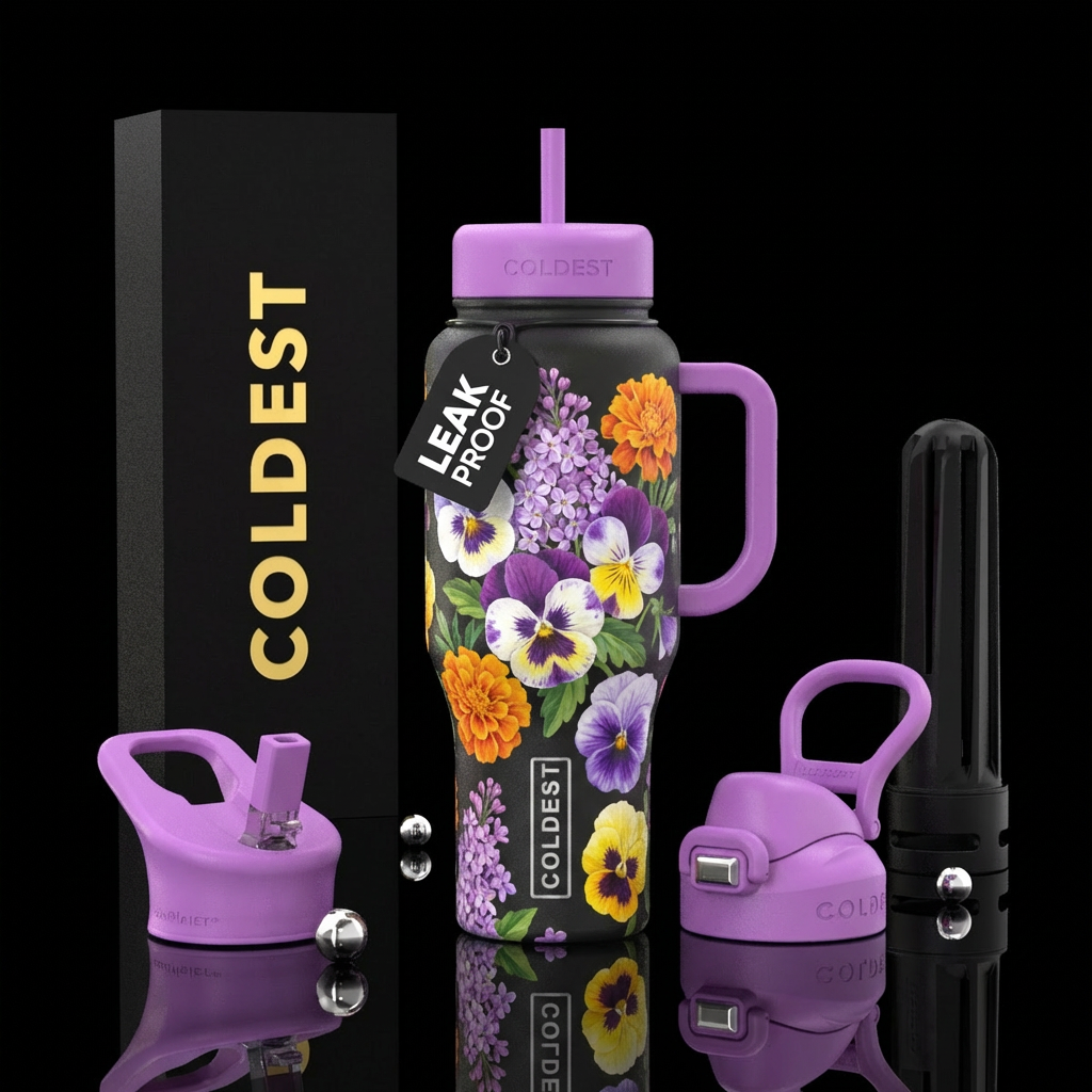 All color pansies (purple, white, yellow) marigold... water bottle design