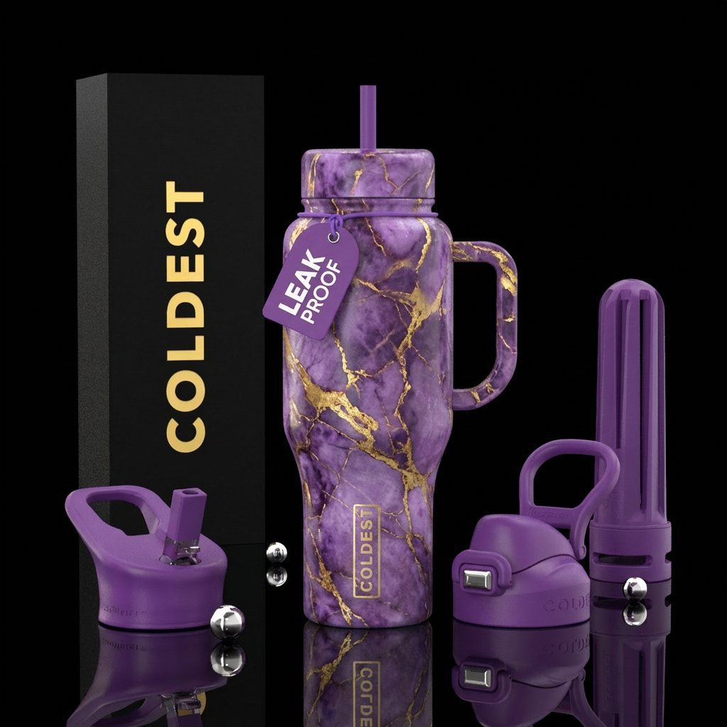 Different shades of Purple marble with gold runnin... water bottle design