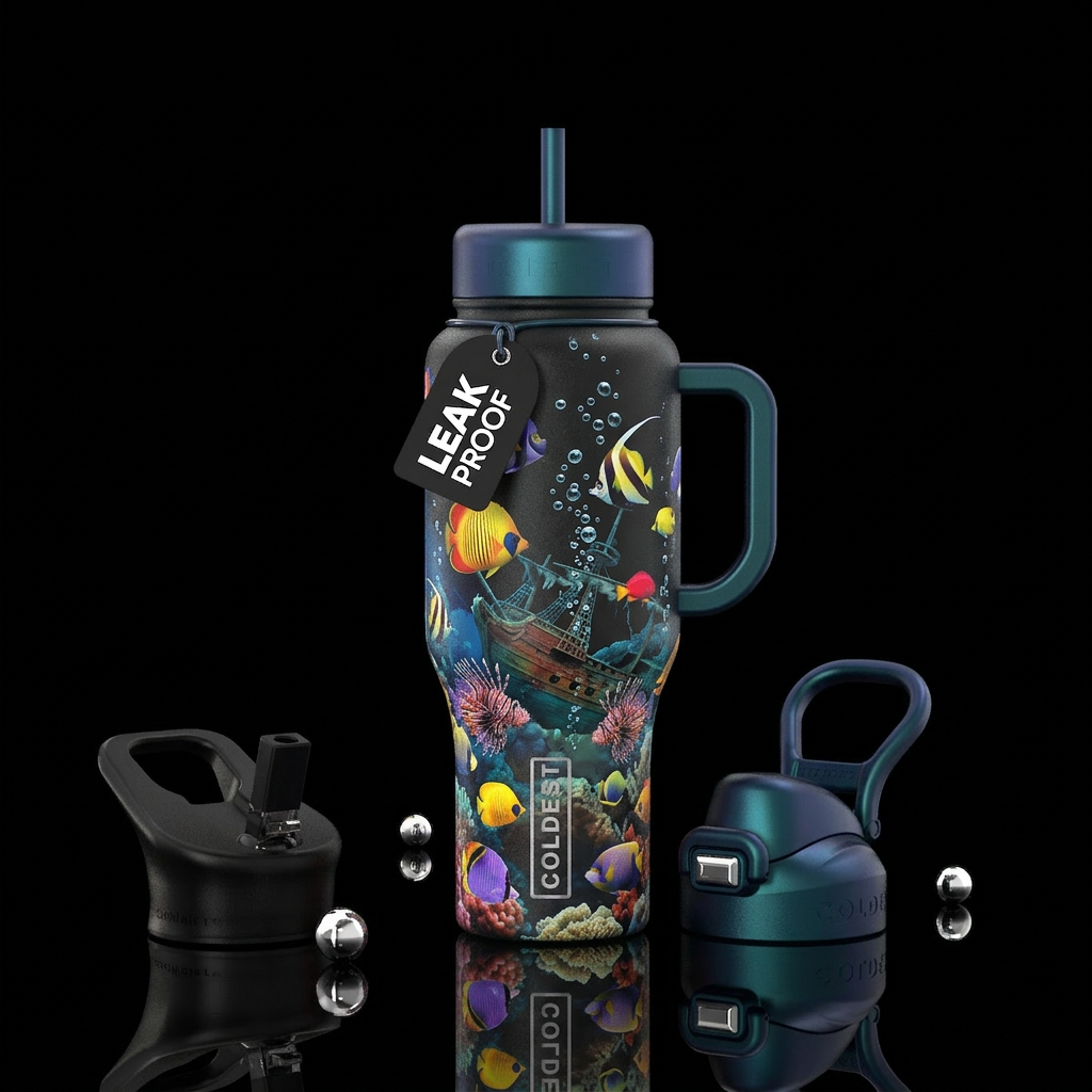 All types of tropical fish, water bubbling out of ... water bottle design