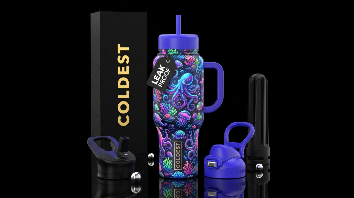 Numerous Glowie octopuses, sealife , coral bright ... water bottle design